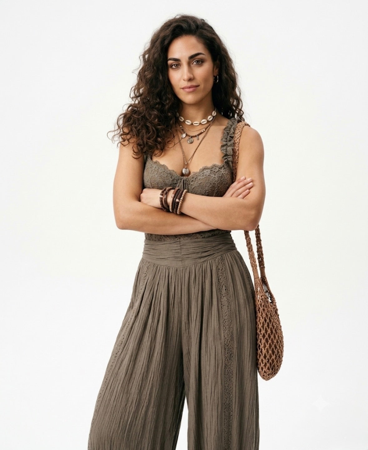Nieves - Conjunto de bandeau de encaje gris y pantalones harem de algodón plisados