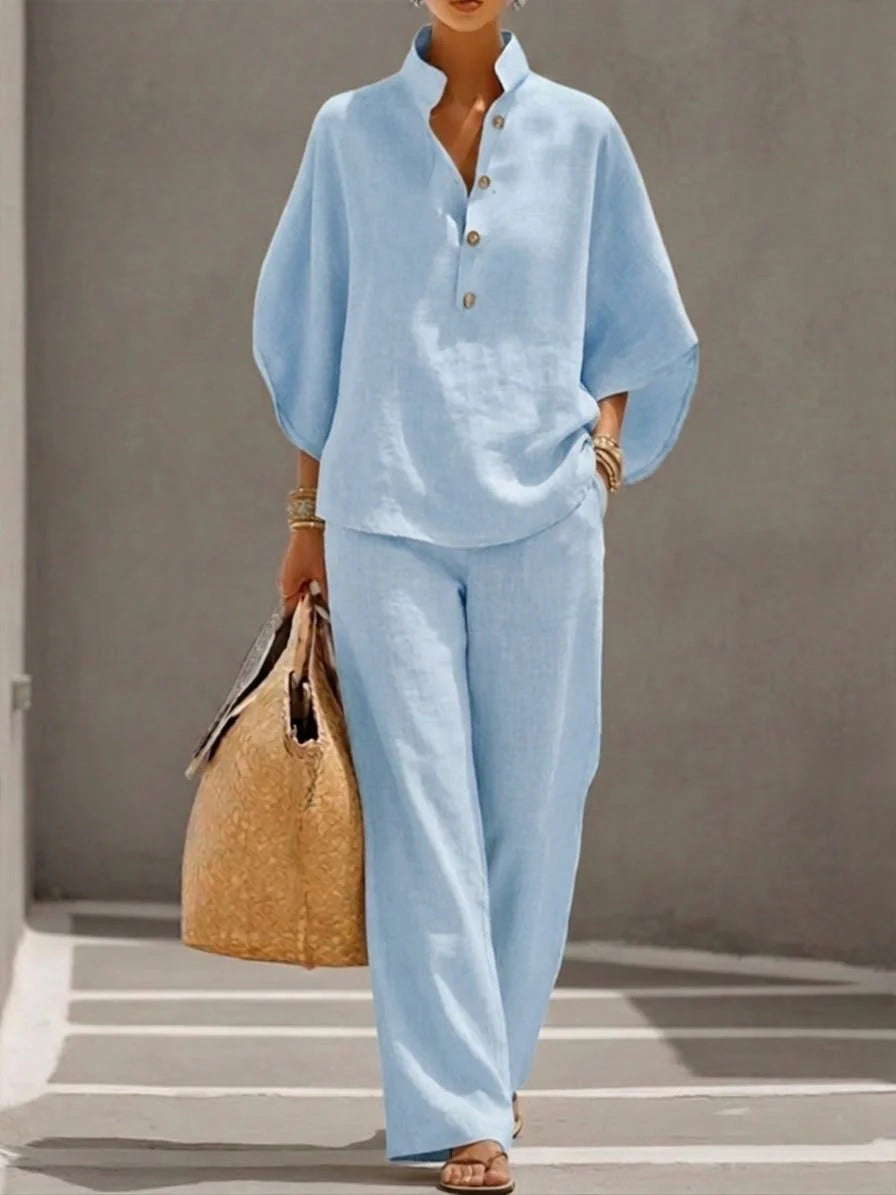 Mimi - Conjunto de Algodón Lino con Mangas Murciélago y Pantalón Ancho