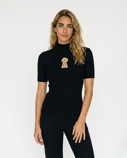 Aisa - Camiseta de cuello alto con hebilla para mujer