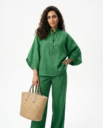 Mimi - Conjunto de Algodón Lino con Mangas Murciélago y Pantalón Ancho