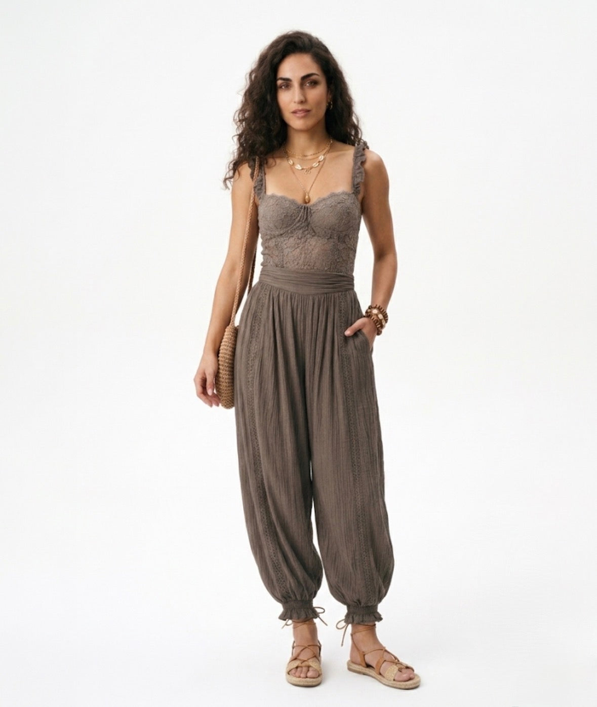 Nieves - Conjunto de bandeau de encaje gris y pantalones harem de algodón plisados
