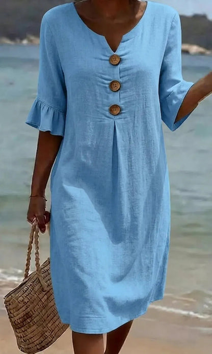 Soraya -  Elegante vestido de lino y algodón con botones