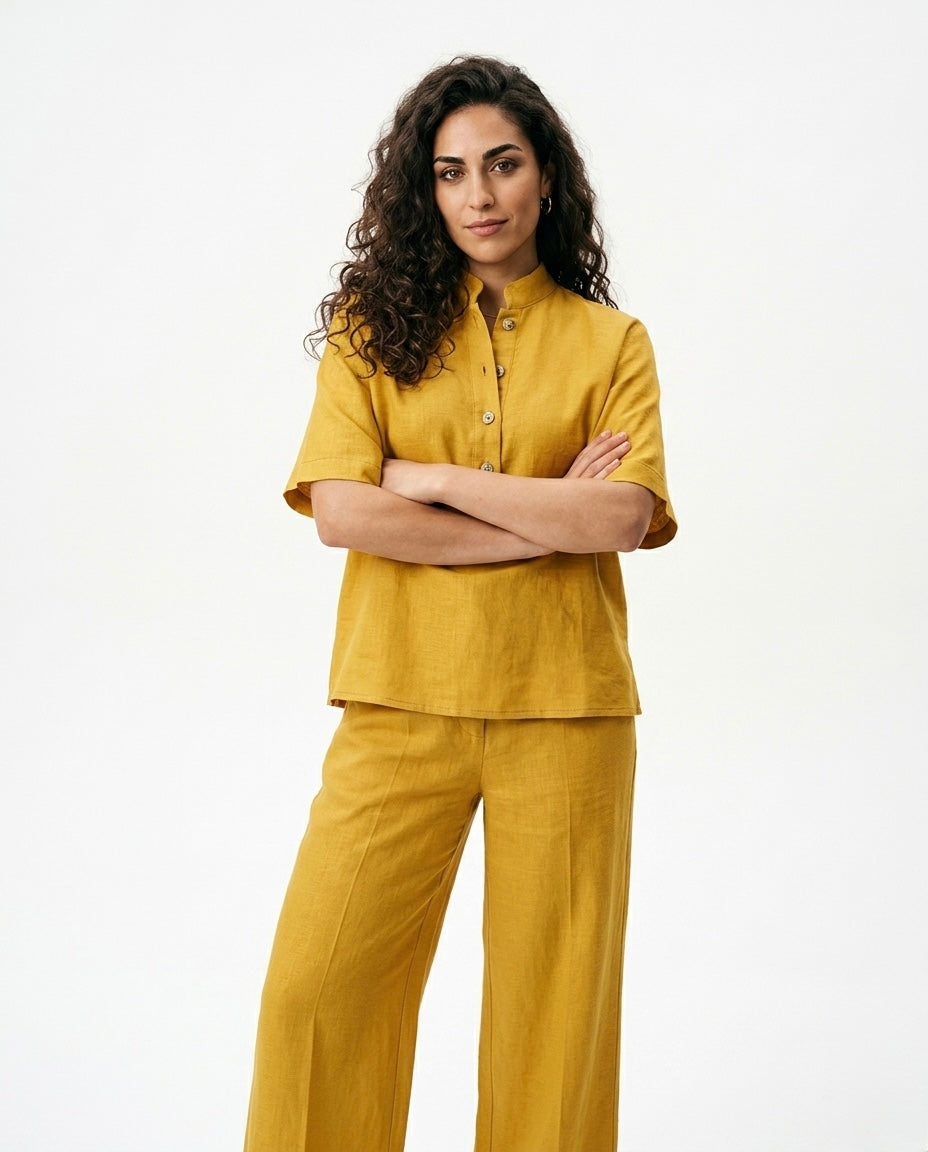 Mimi - Conjunto de Algodón Lino con Mangas Murciélago y Pantalón Ancho
