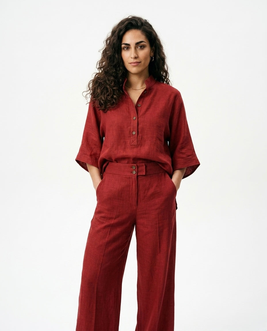Mimi - Conjunto de Algodón Lino con Mangas Murciélago y Pantalón Ancho