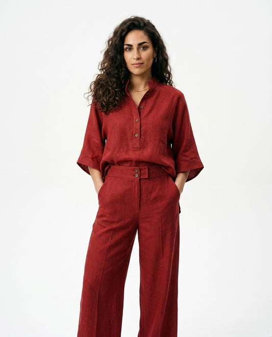 Mimi - Conjunto de Algodón Lino con Mangas Murciélago y Pantalón Ancho