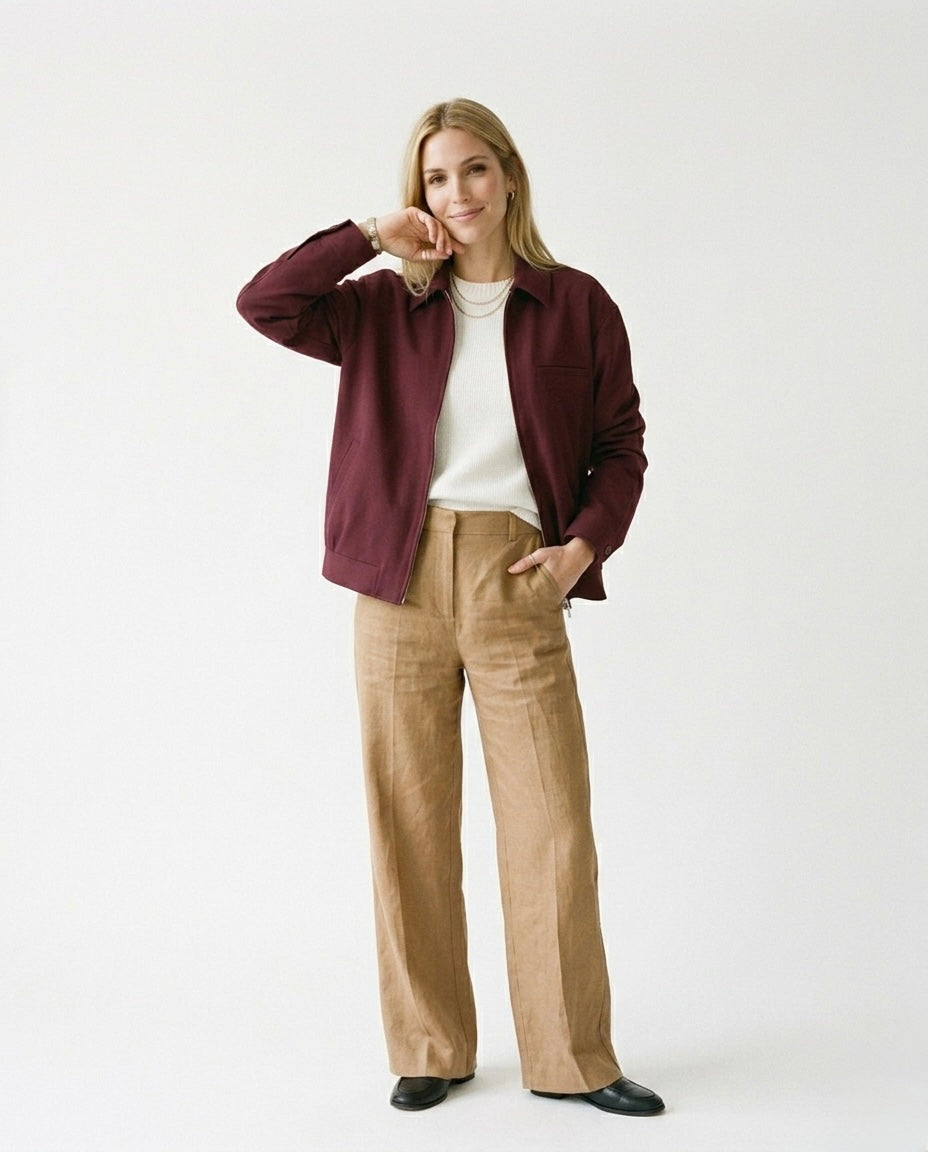 Barbara - Chaqueta de lona con cremallera en color burdeos