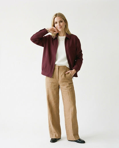 Barbara - Chaqueta de lona con cremallera en color burdeos