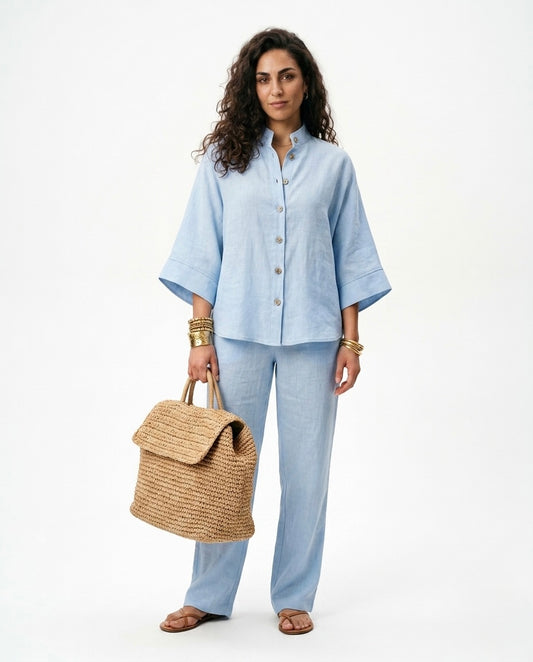 Mimi - Conjunto de Algodón Lino con Mangas Murciélago y Pantalón Ancho