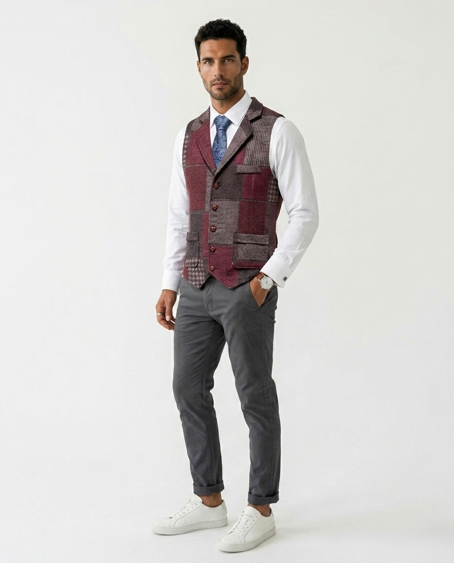 Leo - Chaleco de tweed patchwork con patrón de espiga