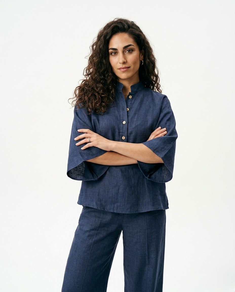 Mimi - Conjunto de Algodón Lino con Mangas Murciélago y Pantalón Ancho