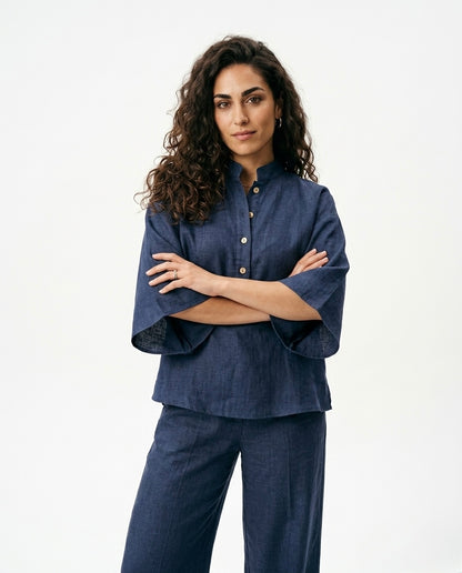 Mimi - Conjunto de Algodón Lino con Mangas Murciélago y Pantalón Ancho