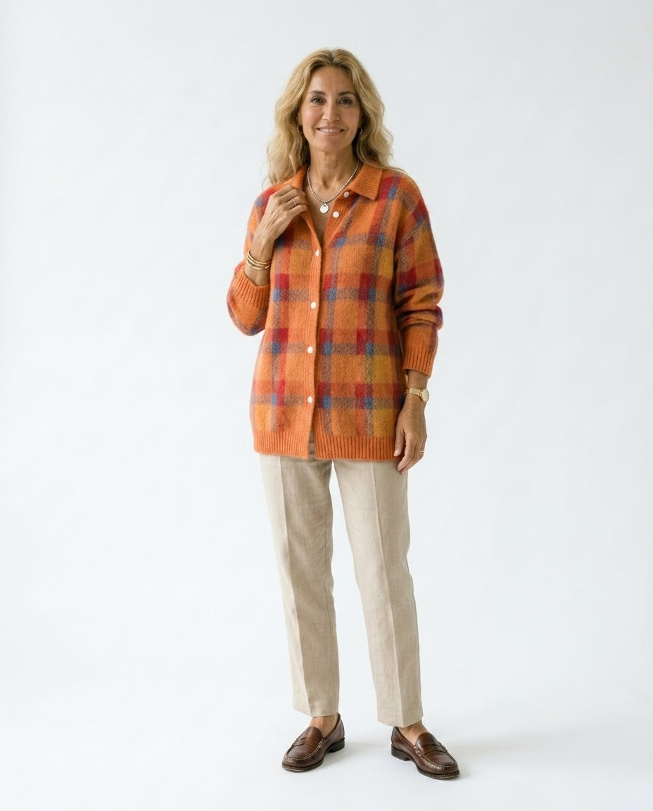Nadia | Chaqueta de Punto de Cuadros en Naranja