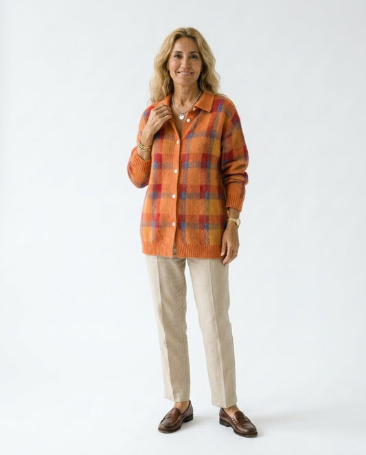 Nadia | Chaqueta de Punto de Cuadros en Naranja