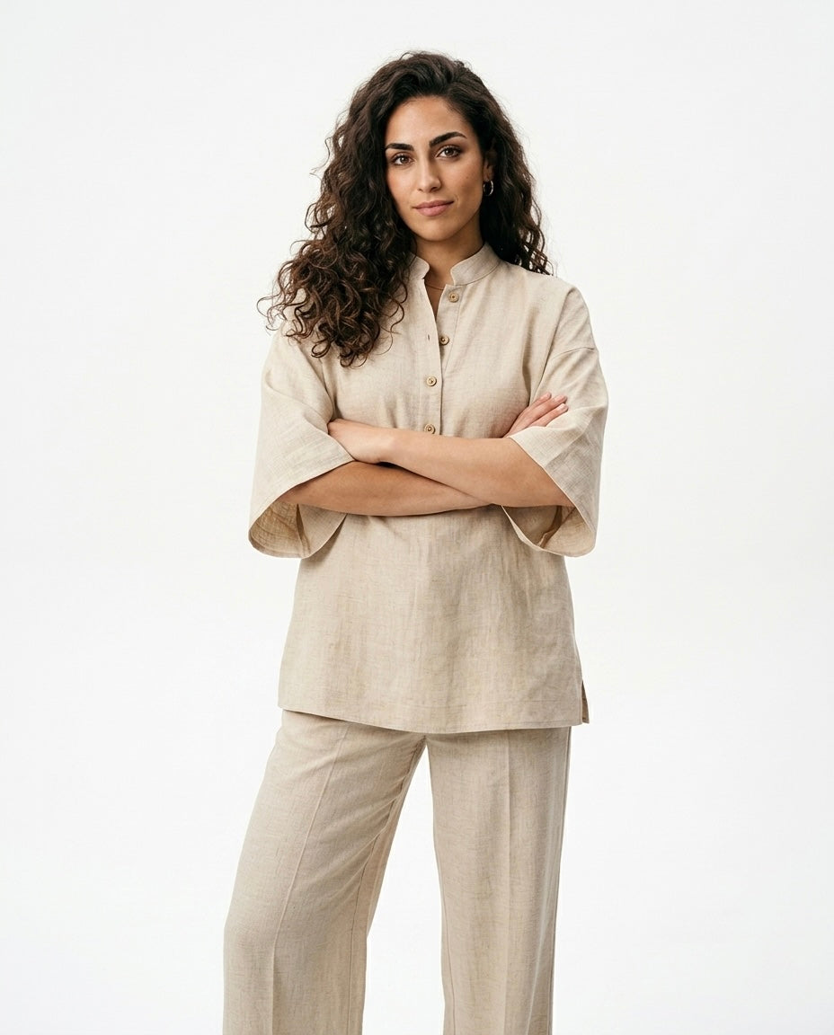 Mimi - Conjunto de Algodón Lino con Mangas Murciélago y Pantalón Ancho