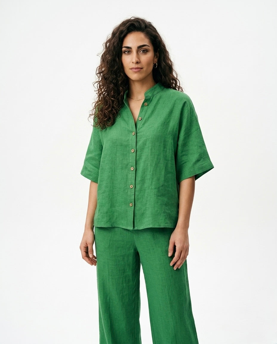 Mimi - Conjunto de Algodón Lino con Mangas Murciélago y Pantalón Ancho
