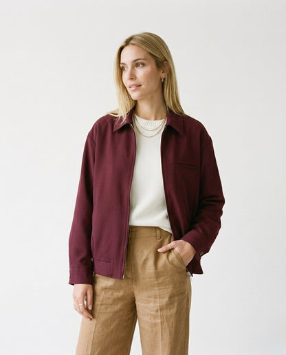 Barbara - Chaqueta de lona con cremallera en color burdeos