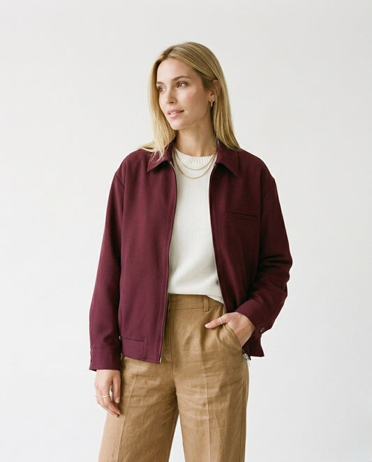 Barbara - Chaqueta de lona con cremallera en color burdeos