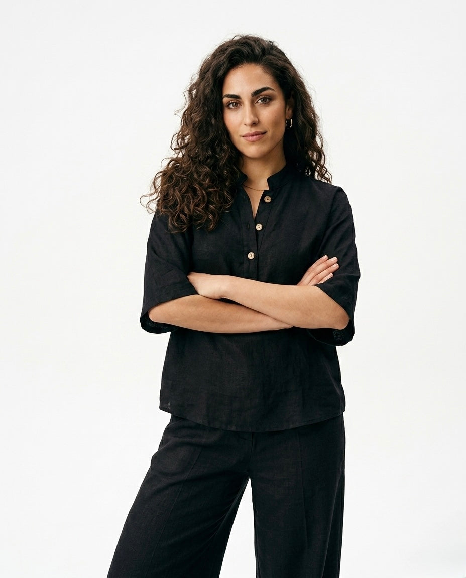 Mimi - Conjunto de Algodón Lino con Mangas Murciélago y Pantalón Ancho