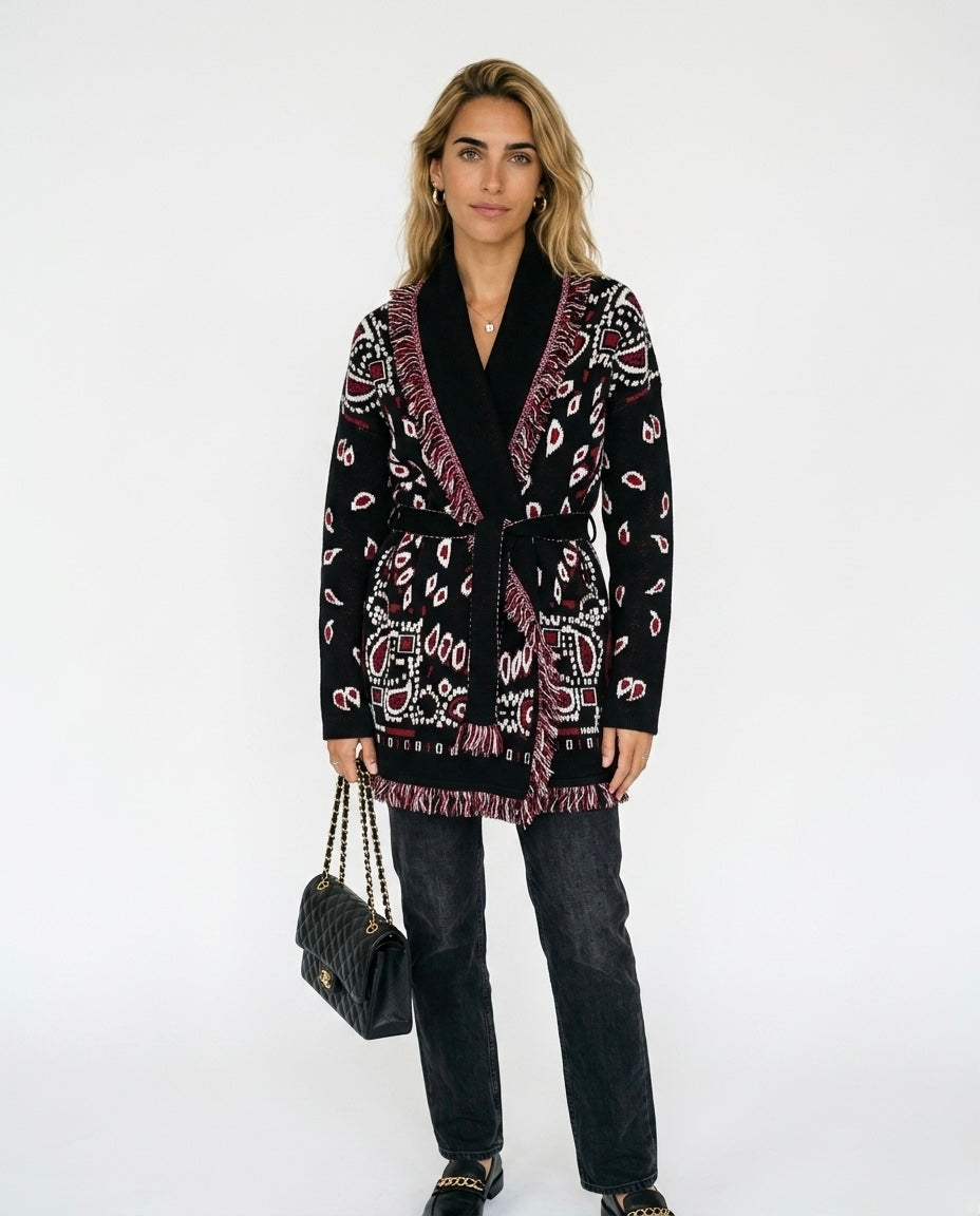 Indara - Cárdigan de mujer con borlas y estampado jacquard