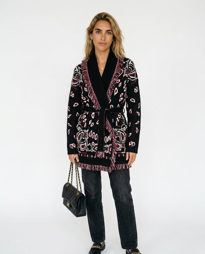 Indara - Cárdigan de mujer con borlas y estampado jacquard