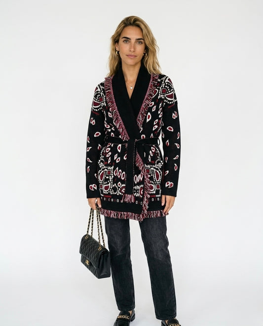 Indara - Cárdigan de mujer con borlas y estampado jacquard