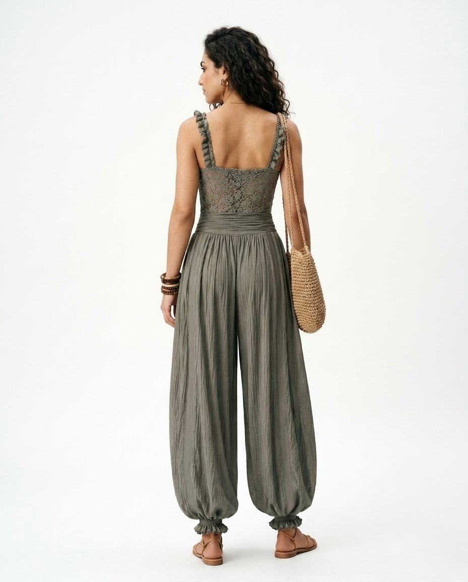 Nieves - Conjunto de bandeau de encaje gris y pantalones harem de algodón plisados