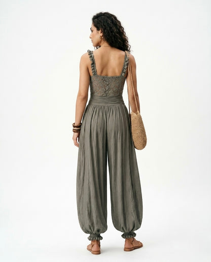Nieves - Conjunto de bandeau de encaje gris y pantalones harem de algodón plisados