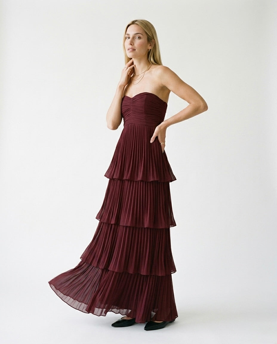Anais - Vestido largo sin tirantes con capas