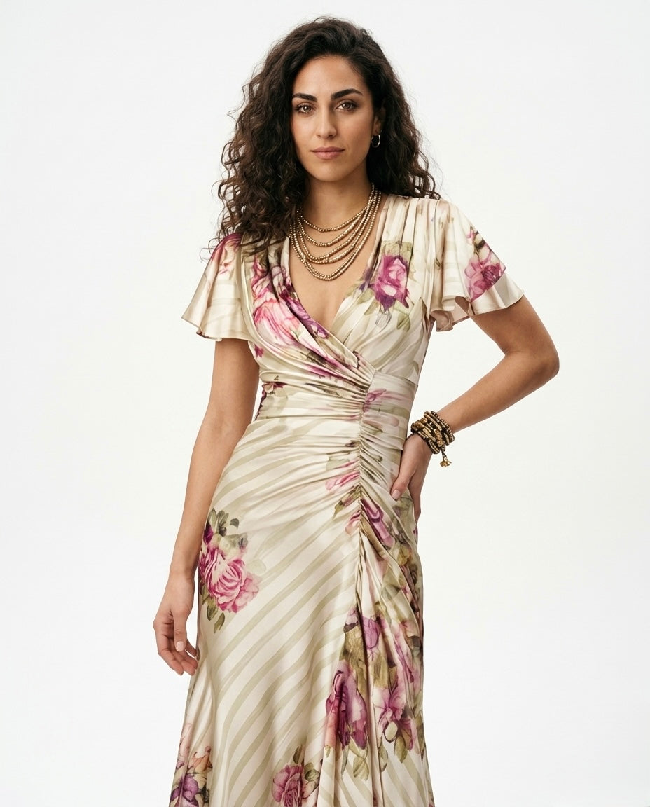 Margarita - Vestido de satén con estampado floral vintage