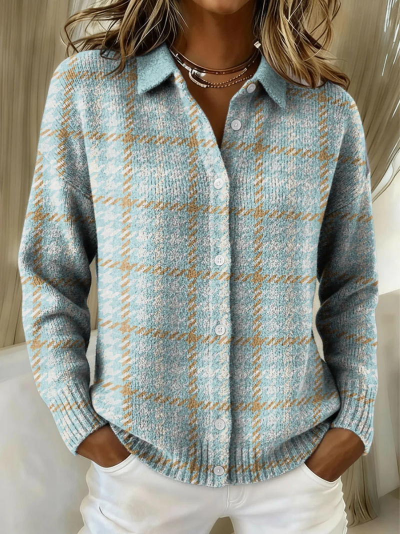 Celeste - Chaqueta de Punto de Cuadros en Azul Cielo