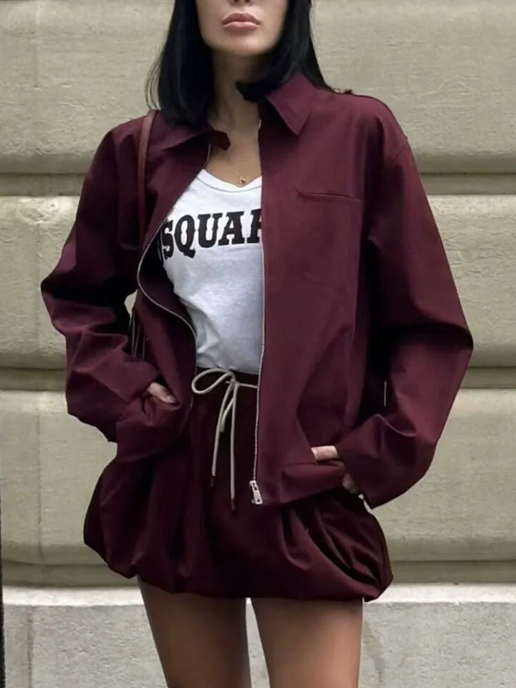 Barbara - Chaqueta de lona con cremallera en color burdeos