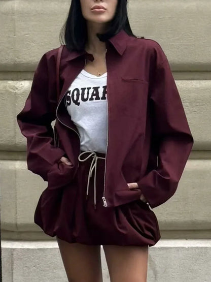 Barbara - Chaqueta de lona con cremallera en color burdeos