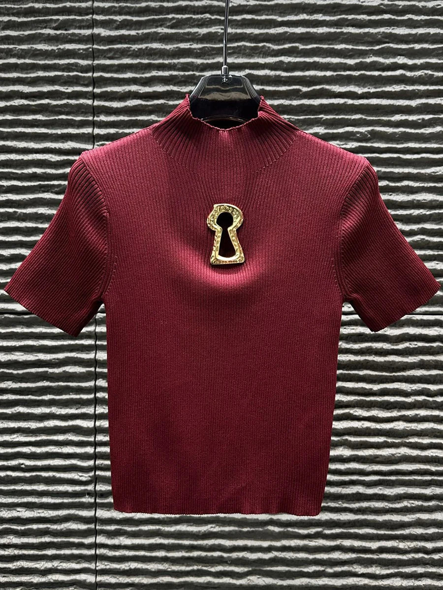 Aisa - Camiseta de cuello alto con hebilla para mujer