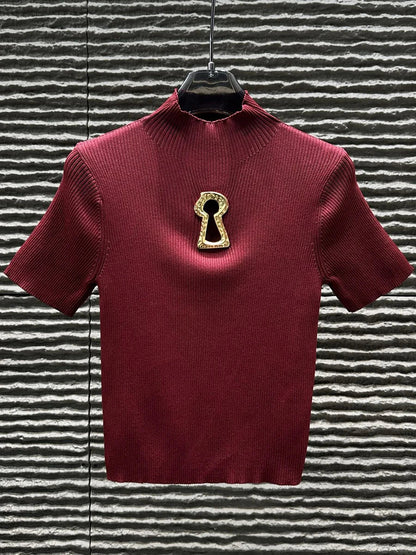 Aisa - Camiseta de cuello alto con hebilla para mujer