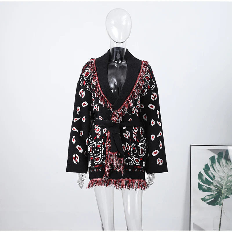 Indara - Cárdigan de mujer con borlas y estampado jacquard