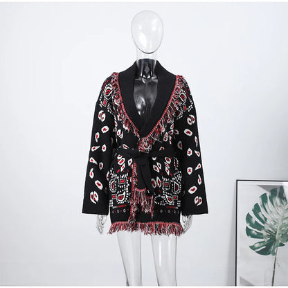 Indara - Cárdigan de mujer con borlas y estampado jacquard