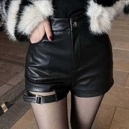 Valentina - Pantalones cortos de cuero de cintura alta para mujer
