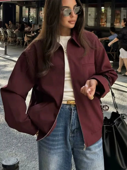 Barbara - Chaqueta de lona con cremallera en color burdeos