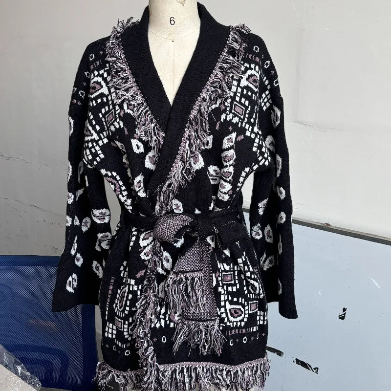 Indara - Cárdigan de mujer con borlas y estampado jacquard