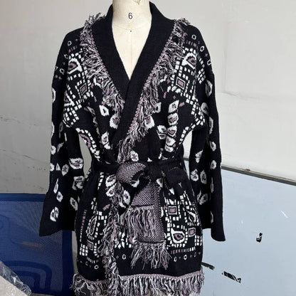 Indara - Cárdigan de mujer con borlas y estampado jacquard