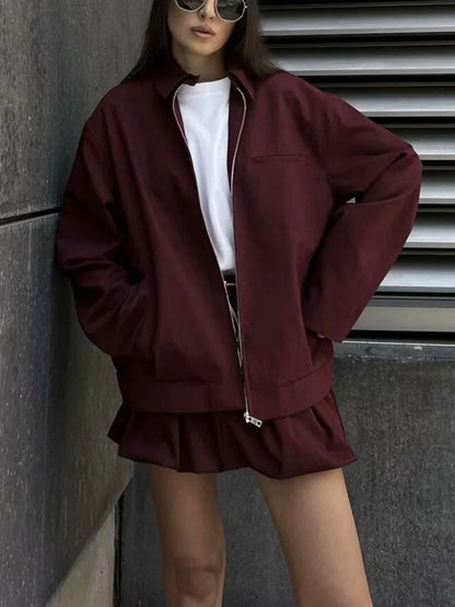 Barbara - Chaqueta de lona con cremallera en color burdeos