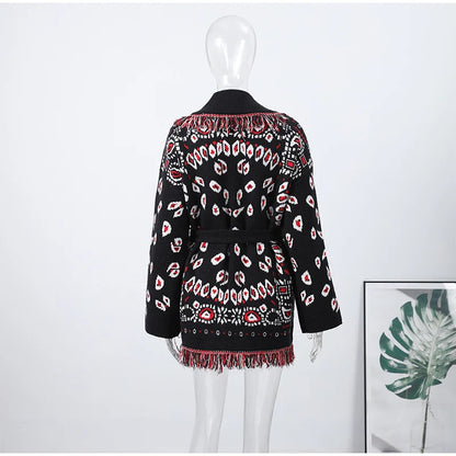 Indara - Cárdigan de mujer con borlas y estampado jacquard