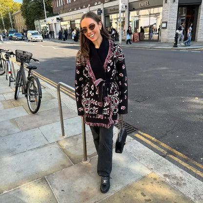 Indara - Cárdigan de mujer con borlas y estampado jacquard
