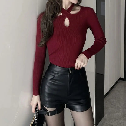 Valentina - Pantalones cortos de cuero de cintura alta para mujer