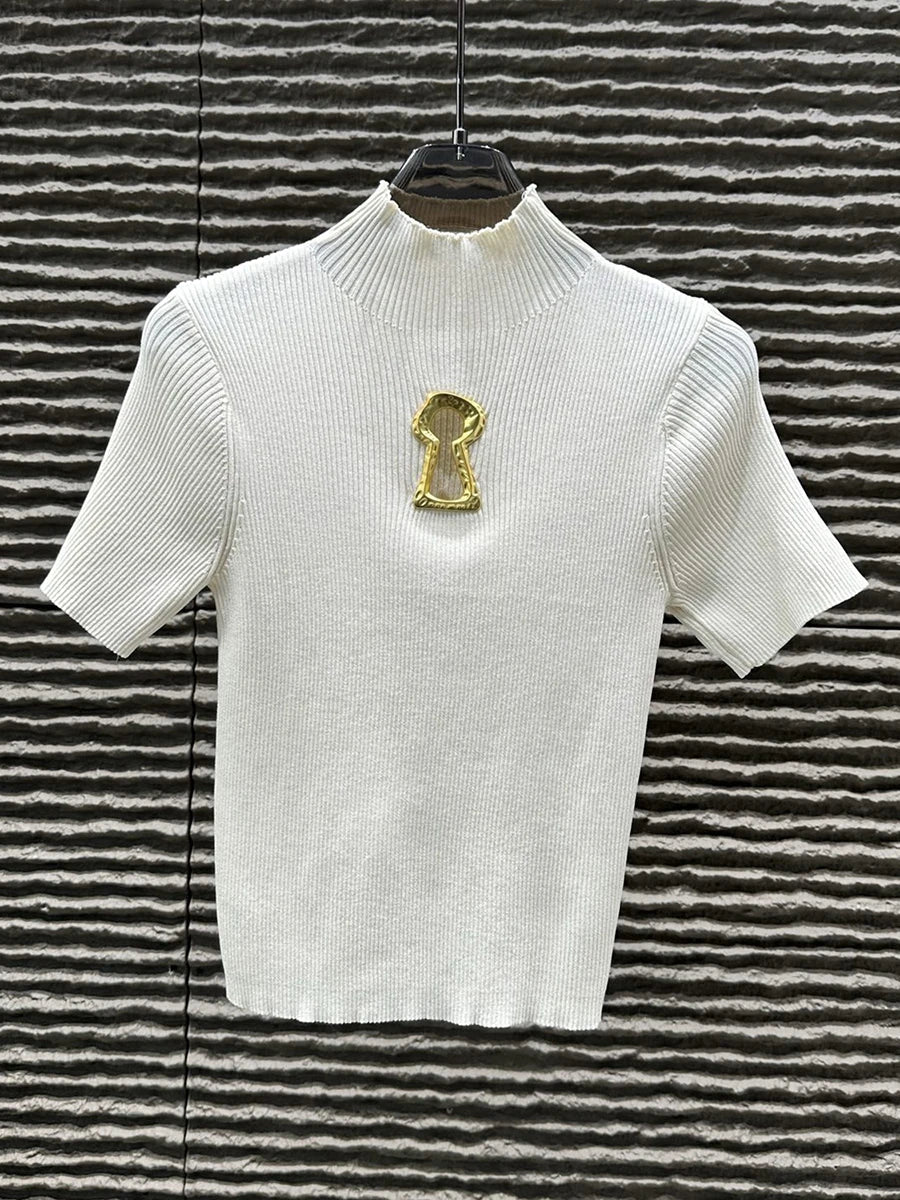 Aisa - Camiseta de cuello alto con hebilla para mujer