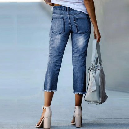 Triana - Vaqueros de denim desgastado de corte ajustado
