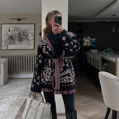 Indara - Cárdigan de mujer con borlas y estampado jacquard