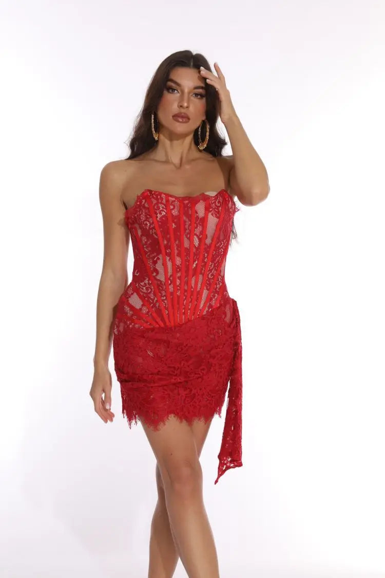Yanira - Vestido de noche de encaje sin tirantes para mujer