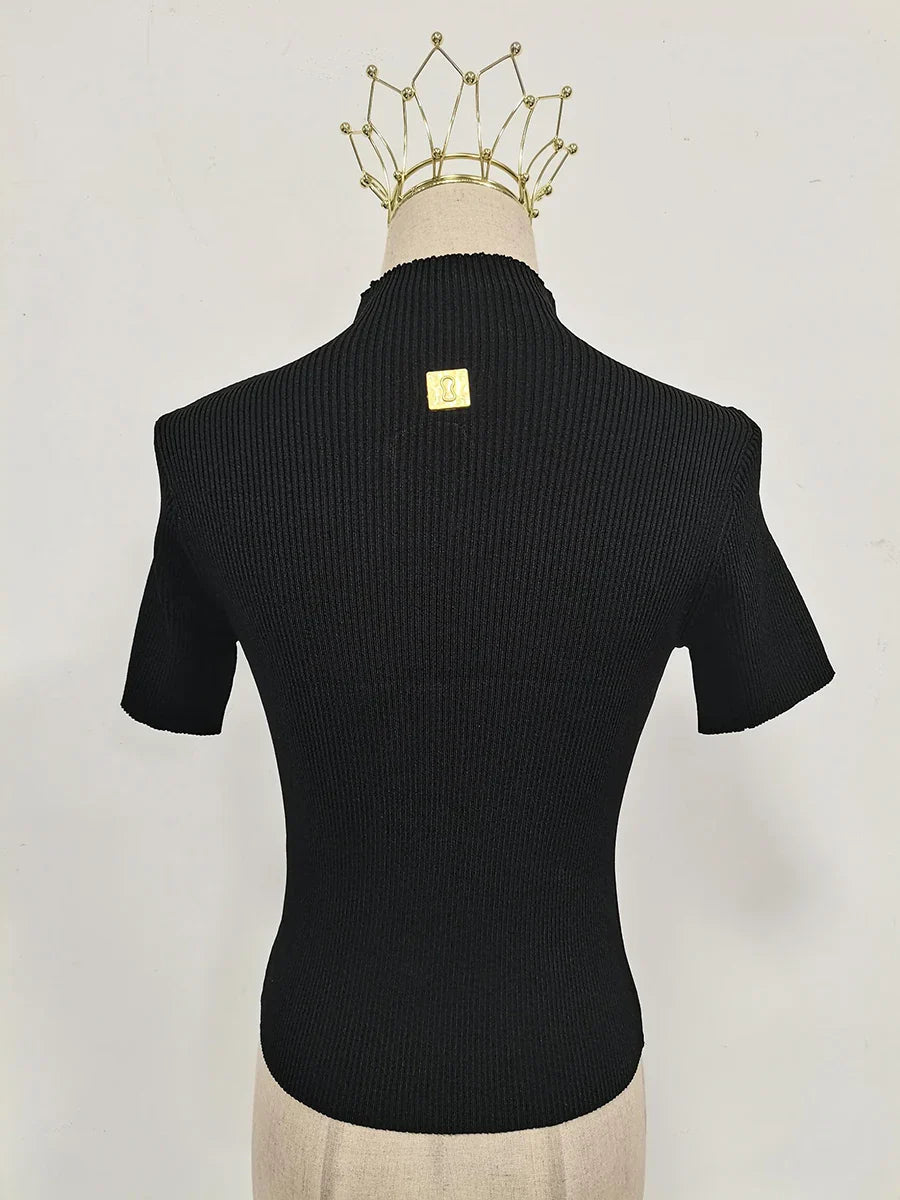 Aisa - Camiseta de cuello alto con hebilla para mujer