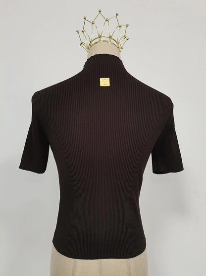 Aisa - Camiseta de cuello alto con hebilla para mujer